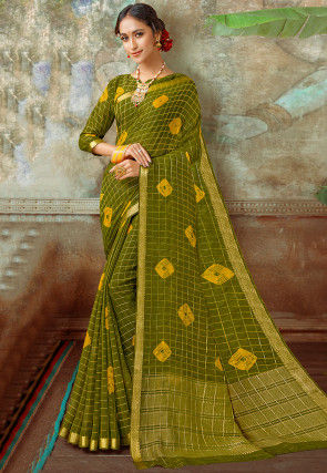 Golden Printed Chiffon Saree in Olive Green