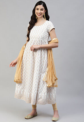 Golden Printed Cotton Anarkali Suit in Off White