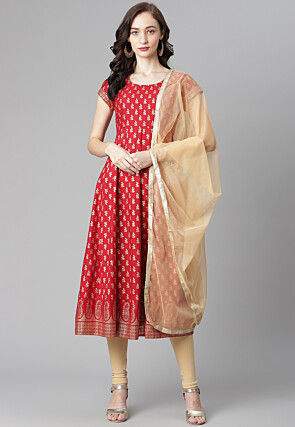 Golden Printed Cotton Anarkali Suit in Red