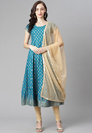 Golden Printed Cotton Anarkali Suit in Teal Blue