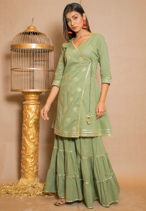 Golden Printed Cotton Angrakha Style Kurti Set in Pastel Green