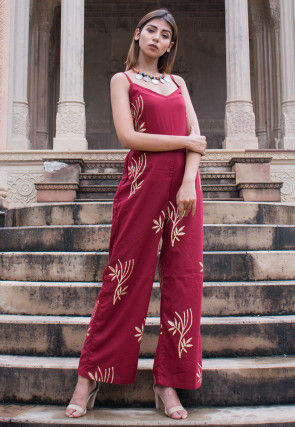Golden Printed Cotton Jumpsuit in Maroon