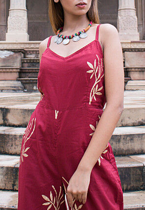 Golden Printed Cotton Jumpsuit in Maroon