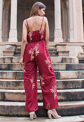Golden Printed Cotton Jumpsuit in Maroon