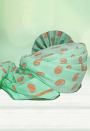 Golden Printed Cotton Kids Turban in Sea Green
