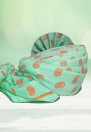 Golden Printed Cotton Kids Turban in SEA GREEN