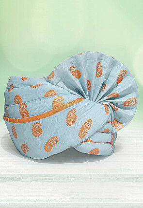 Golden Printed Cotton Kids Turban in Sky Blue