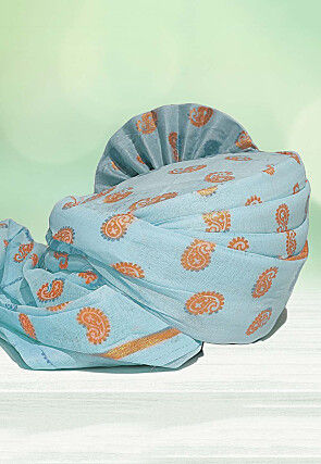 Golden Printed Cotton Kids Turban in Sky Blue