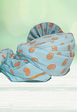 Golden Printed Cotton Kids Turban in Sky Blue
