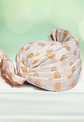 Golden Printed Cotton Kids Turban in White