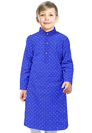 Golden Printed Cotton Kurta in Royal Blue