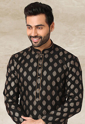 Golden Printed Cotton Kurta in Black