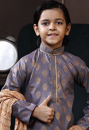Golden Printed Cotton Kurta Set in Grey