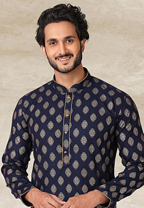 Golden Printed Cotton Kurta in Navy Blue