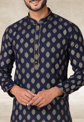 Golden Printed Cotton Kurta Set in Navy Blue