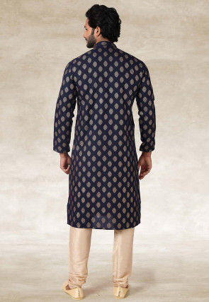 Golden Printed Cotton Kurta Set in Navy Blue