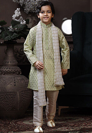 Golden Printed Cotton Kurta Set in Pastel Green
