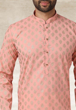Golden Printed Cotton Kurta Set in Peach