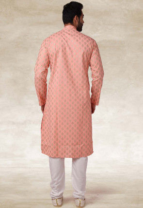 Golden Printed Cotton Kurta Set in Peach