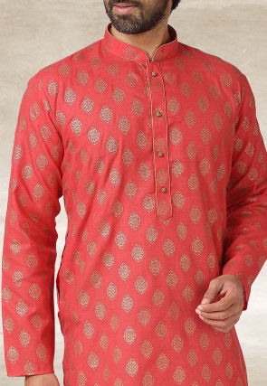 Golden Printed Cotton Kurta Set in Dark Peach