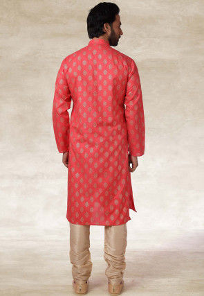 Golden Printed Cotton Kurta Set in Dark Peach