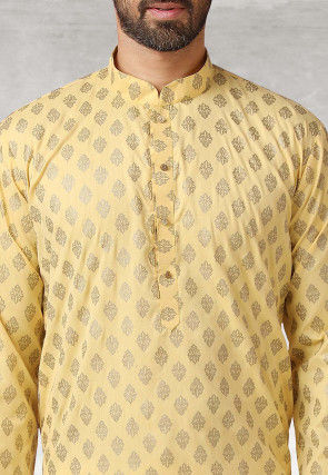 Golden Printed Cotton Kurta Set in Yellow