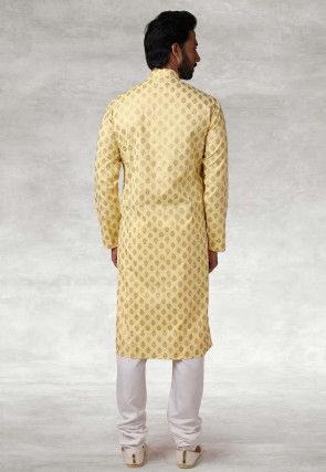 Golden Printed Cotton Kurta Set in Yellow