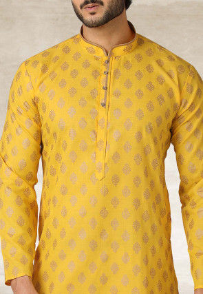 Golden Printed Cotton Kurta Set in Yellow