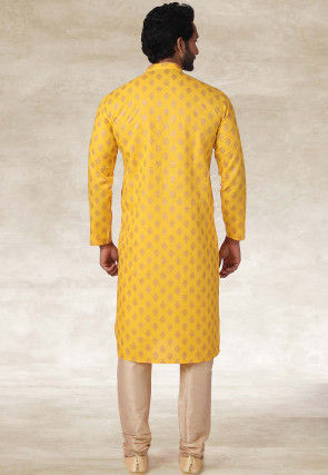 Golden Printed Cotton Kurta Set in Yellow