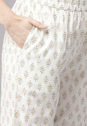 Golden Printed Cotton Kurta with Pant in Teal Blue