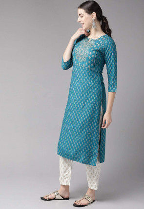 Golden Printed Cotton Kurta with Pant in Teal Blue