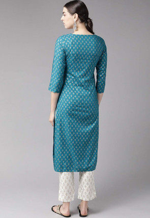 Golden Printed Cotton Kurta with Pant in Teal Blue