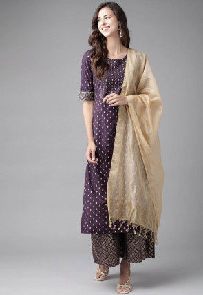Golden Printed Cotton Pakistani Suit in Dark Purple