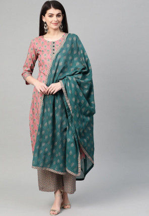 Golden Printed Cotton Pakistani Suit in Dusty Pink