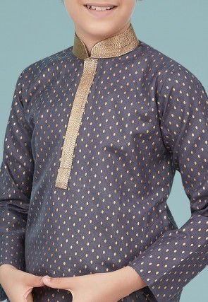 Golden Printed Cotton Silk Kurta Set in Grey