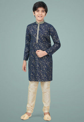 Golden Printed Cotton Silk Kurta Set in Navy Blue