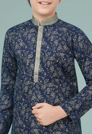 Golden Printed Cotton Silk Kurta Set in Navy Blue