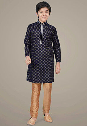 Golden Printed Cotton Silk Kurta Set in Navy Blue