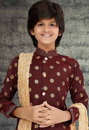 Golden Printed Cotton Silk Sherwani in Maroon