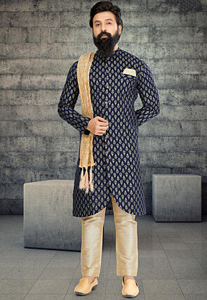 Golden Printed Cotton Silk Kurta in Navy Blue