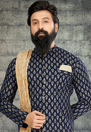 Golden Printed Cotton Silk Kurta in Navy Blue