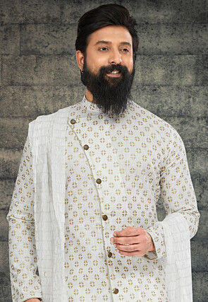 Golden Printed Cotton Silk Kurta Set in Off White