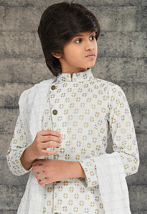 Golden Printed Cotton Silk Sherwani in Off White