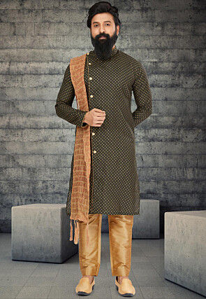 Golden Printed Cotton Silk Kurta Set in Olive Green