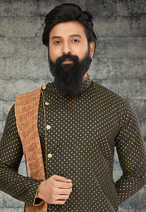 Golden Printed Cotton Silk Kurta Set in Olive Green