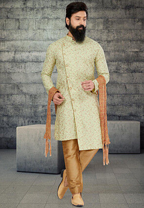 Golden Printed Cotton Silk Sherwani in Pastel Green