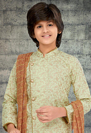 Golden Printed Cotton Silk Sherwani in Pastel Green