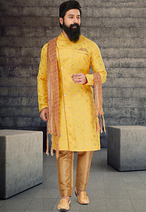 Golden Printed Cotton Silk Sherwani in Yellow