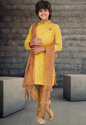 Golden Printed Cotton Silk Sherwani in Yellow