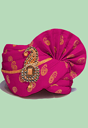 Golden Printed Cotton Turban in Magenta